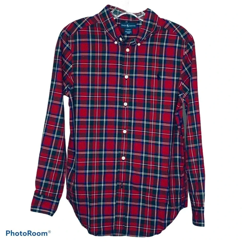 Ralph Lauren Button Down Boys L‎ 14-16 Red Tartan Plaid Long Sleeve Shirt Prep
